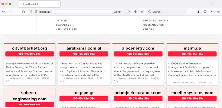 LockBit blog screenshot showing victims with countdown timer