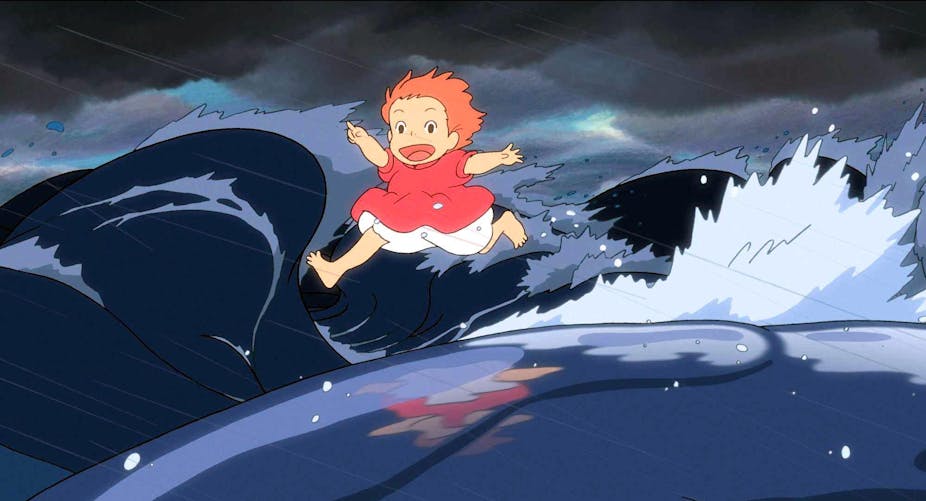 Cartoon of a young girl skipping over waves in the ocean. 