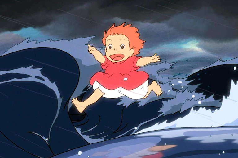 Cartoon of a young girl skipping over waves in the ocean.