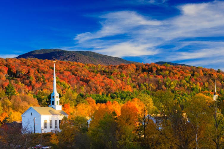White church surrounded by autumn coloured trees