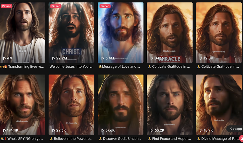 Screenshot showing computer-generated, youthful, white-skinned Jesus with long hair on TikTok.