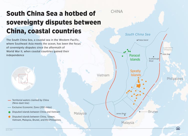 An infographic shows a map of South China Sea and surrounding countries with their claims to the waters represented by dotted lines.