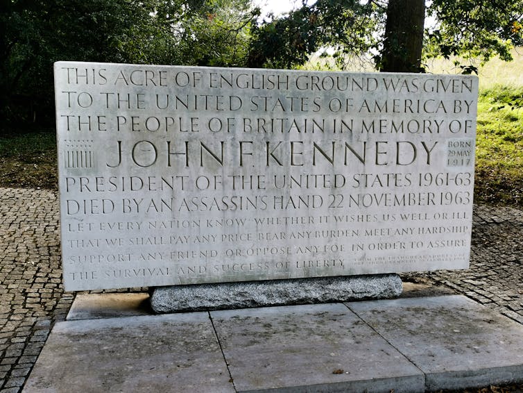 The JFK memorial at Runnymede, stone block with names engraved.