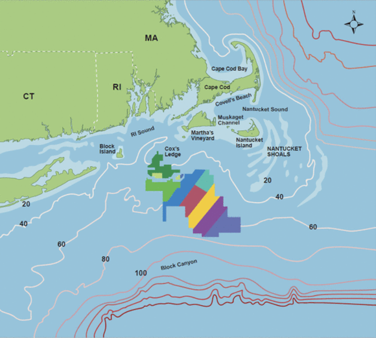 Map showing nine offshore leasing areas near Nantucket Shoals