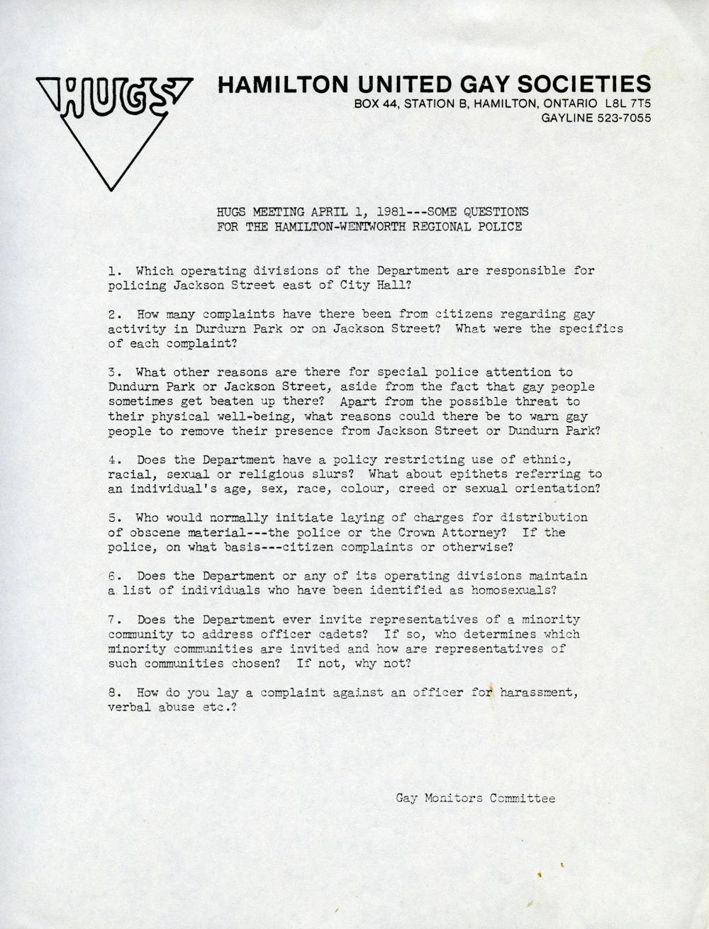 Hamilton United Gay Societies letter