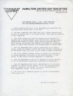 A document from HUGS detailing questions for the Hamilton police regarding policing of LGBTQ people.