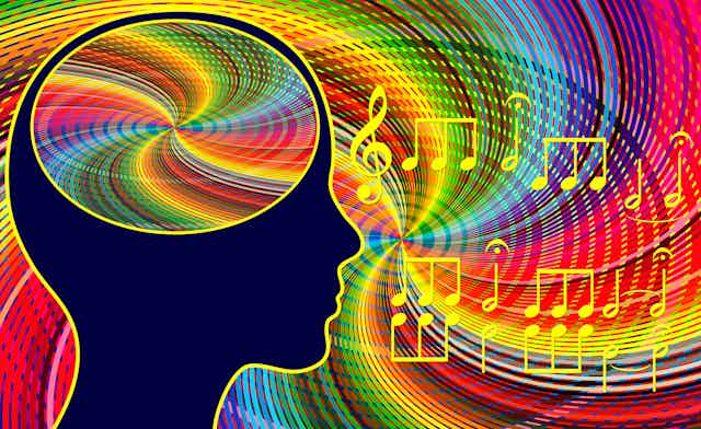 Ilustração do cérebro de uma pessoa ao ouvir notas musicais.