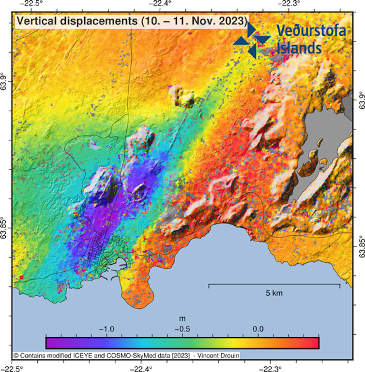 A color-coded map shows where an area about 3 miles (5 km) long and about half a mile (1 km) wide depressed by more than 3 feet (1 meter).