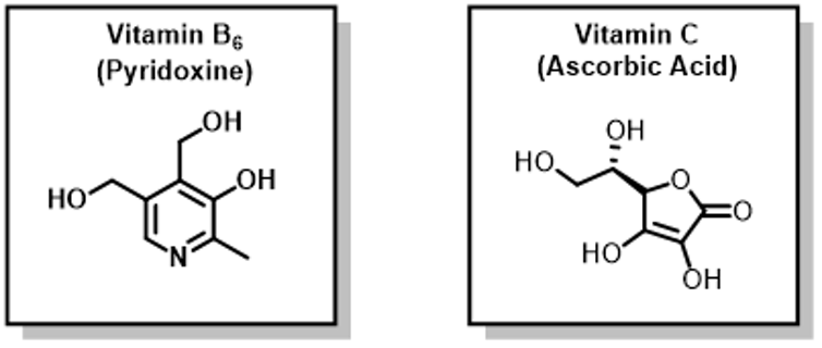 Two diagrams showing Vitamin B6, a hexagon with three branches with 'OH' attached, and vitamin C, a hexagon with two Os and four branches with OH coming off.