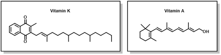 Two diagrams, the left showing the chemical structure of Vitamin K, the right showing the chemical structure of Vitamin A