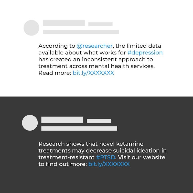 Two fake tweets with mental health information about depression and anxiety
