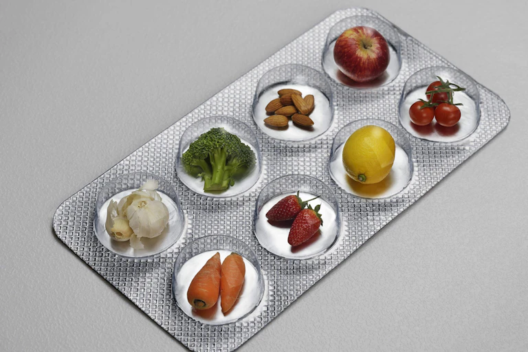 A photo showing a medicine-style blister pack filled with fruit and vegetables.
