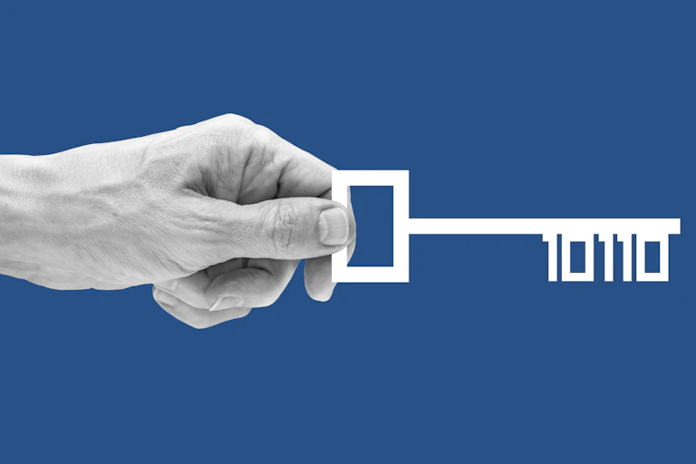 Illustration of a hand holding a key with 10110 as the teeth