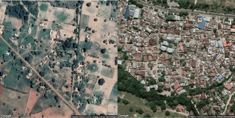 Two satellite images of a villages.
