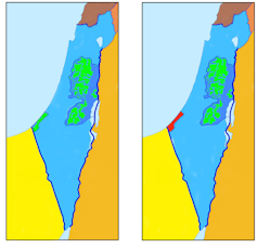 Mapas del Estado de Israel y Palestina. El de la izquierda es de 1994, tras los Acuerdos de Oslo. En azul claro, el Estado de Israel; en azul oscuro, los territorios de Cisjordania ocupados de forma ilegal por Israel, y en verde los territorios palestinos