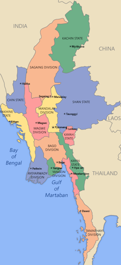 Map of Myanmar showing states.