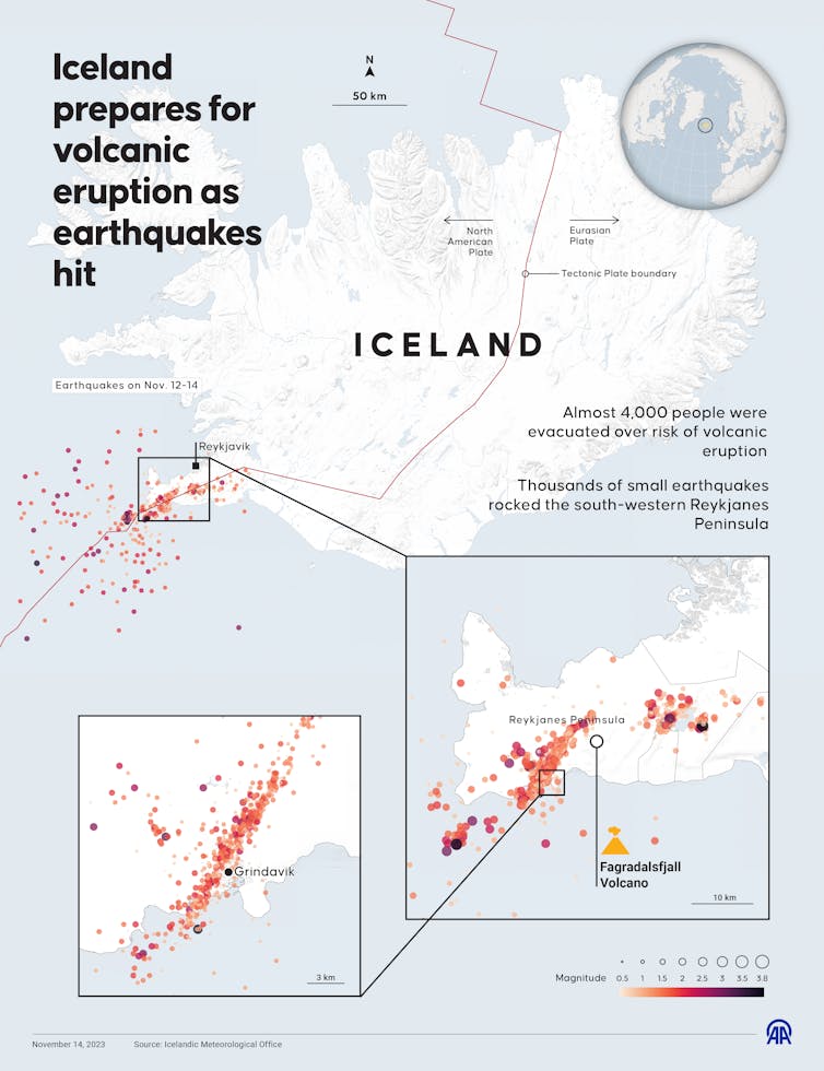 Une carte montre où les tremblements de terre se produisent dans une péninsule du sud-ouest et où les plaques tectoniques se rencontrent.