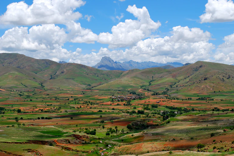 Community surrounded by mountains