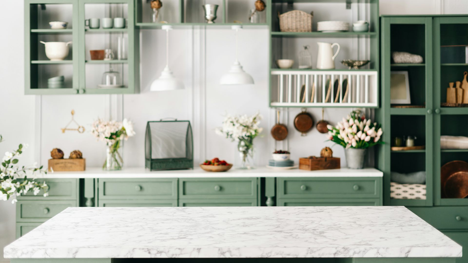 A kitchen with an engineered stone benchtop.