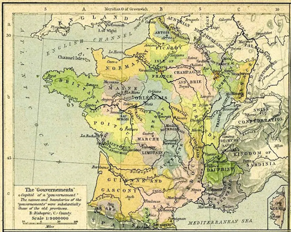 Mapa de Francia en el siglo XVIII. La región de Auvernia se sitúa en el centro del país.