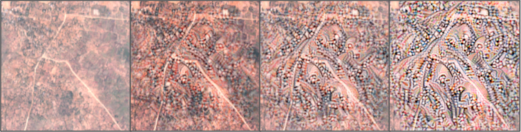 A block of four images, progressing from a satellite to more abstract AI versions of the original, explainer in paragraph below.