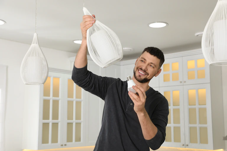 Man changes lightbulb