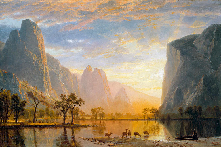 A painting of a lake surrounded by cliffs at sunset, with deer gazing off into the light.