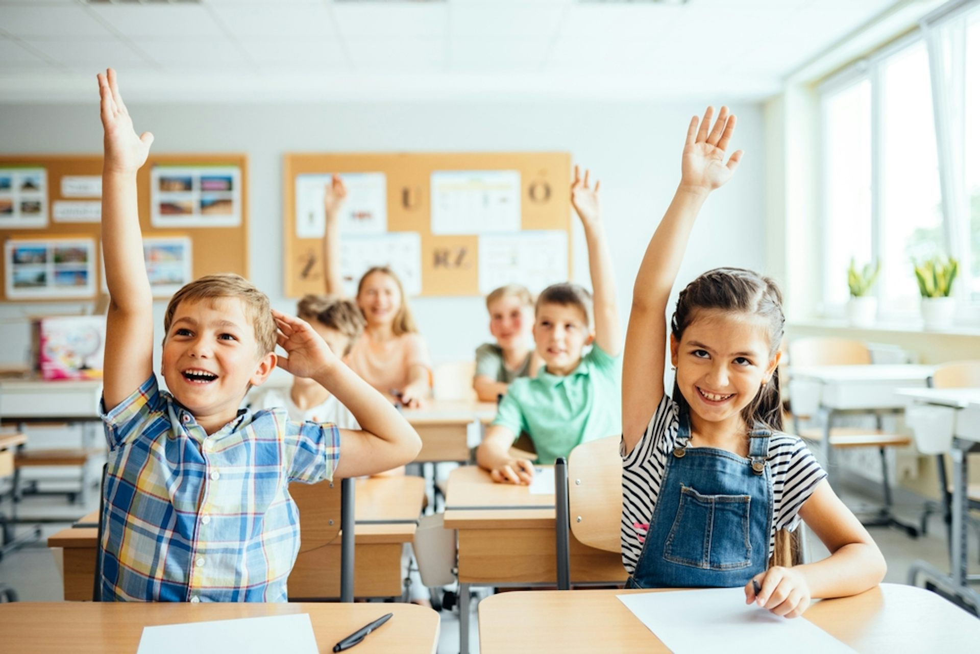 Des écoliers levant la main en classe