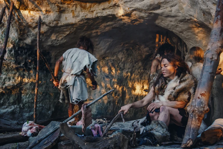people dressed in skins outside a cave, a woman seated at a fire