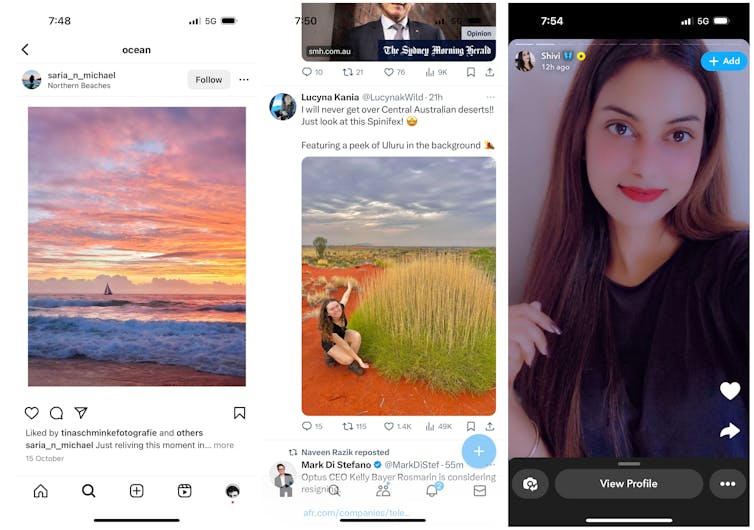 Screenshots from Instagram, X, and Snapchat, showing photos with a vertical orientation or portrait aspect ratio.