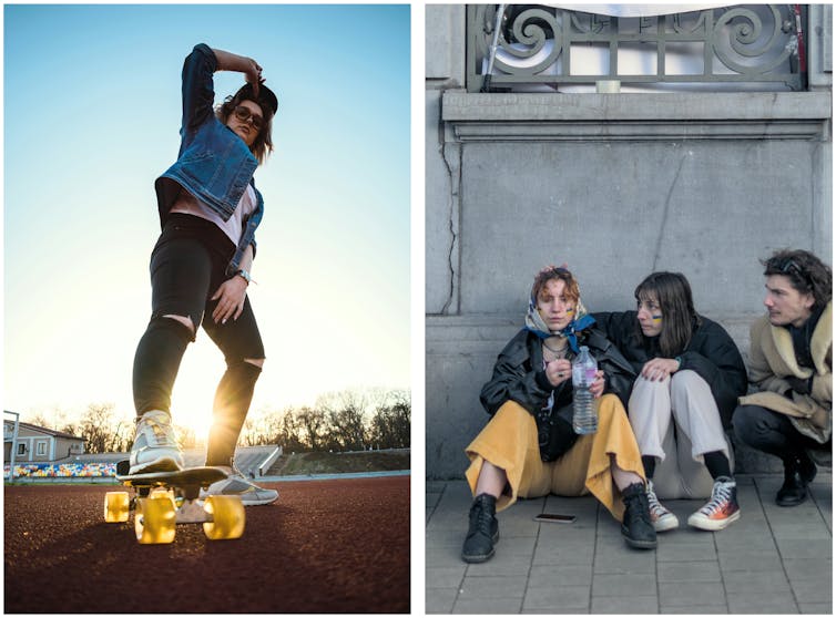 Two photos: one taken from a low angle looking up at a posing skateboarder, the other taken from a standing height looking down at three people sitting on the ground at the base of a wall.