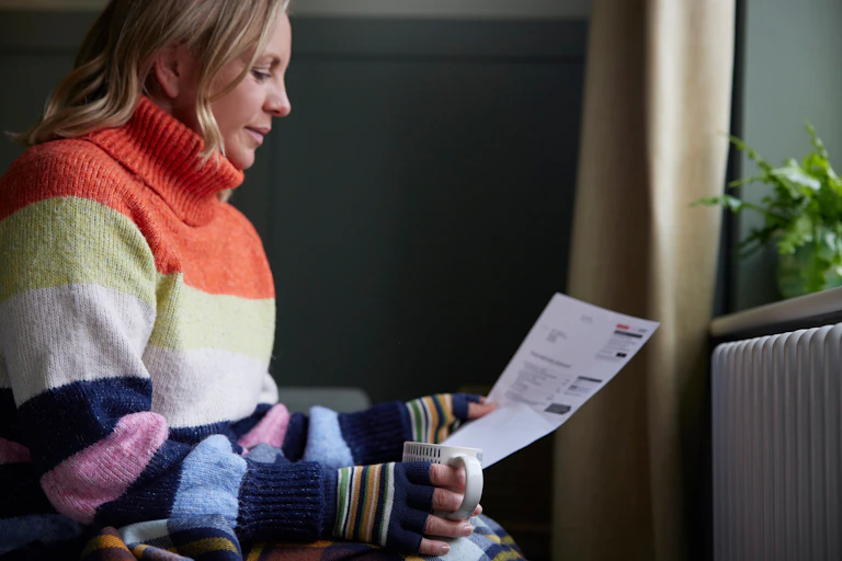 Woman in jumper and gloves looking at a bill beside a radiator.