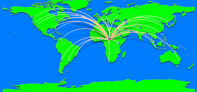 Carte du monde représentant de nombreuses lignes partant d'Afrique vers les autres continents