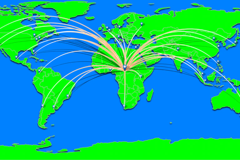 Carte du monde représentant de nombreuses lignes partant d'Afrique vers les autres continents