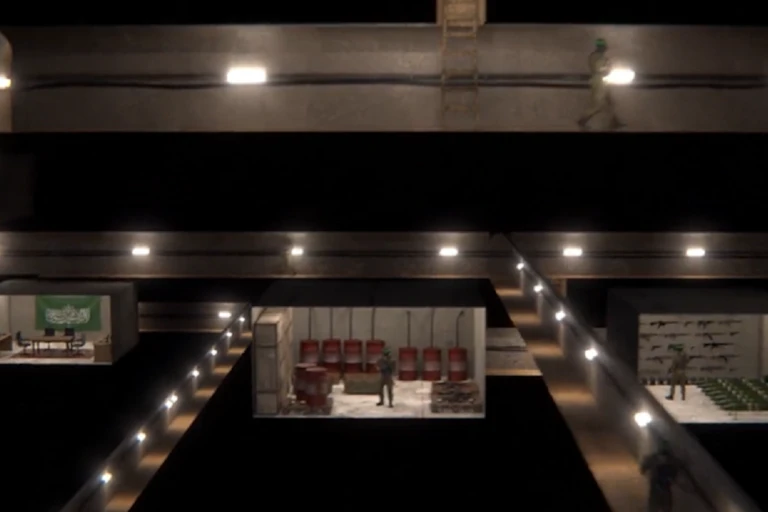 Computer generated image of an underground bunker showing various rooms with tunnels between them.