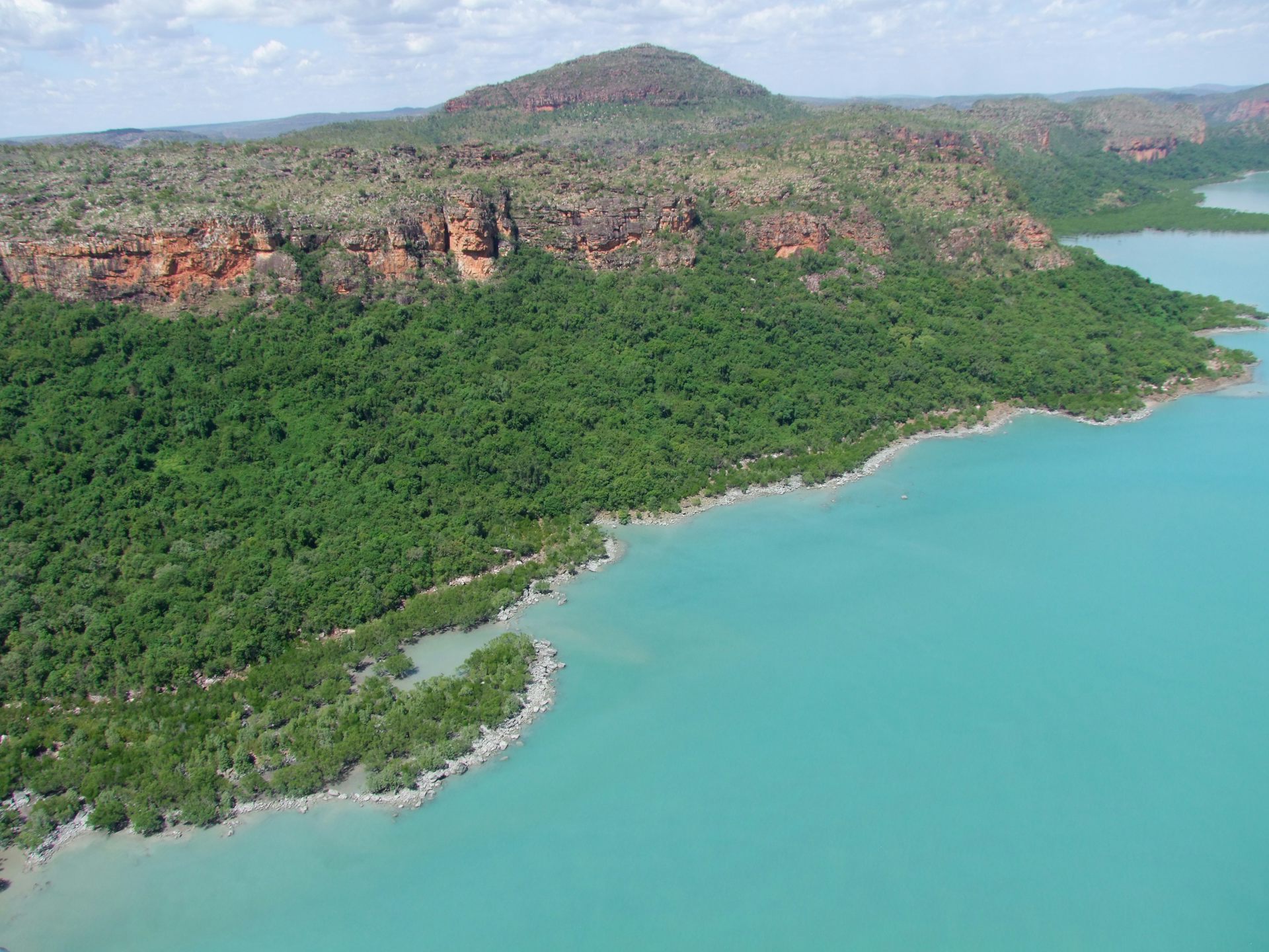 escarpment of red rock, green trees down to light blue sea. Northern Australia