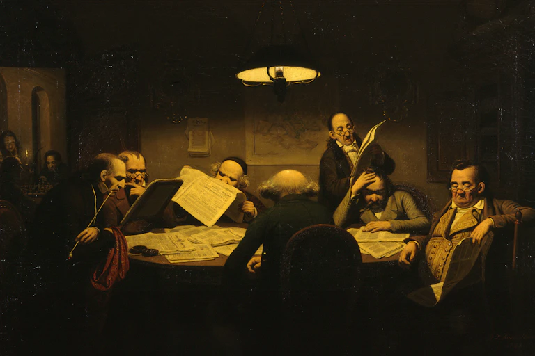 Painting of men sitting around a table
