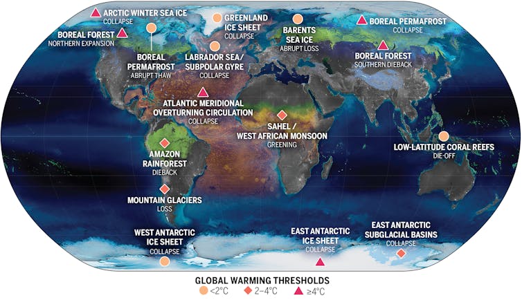 This map shows the location of climate elements in the cryosphere (blue), biosphere (green), and ocean/atmosphere (orange), and global warming levels at which their tipping points will likely be triggered.