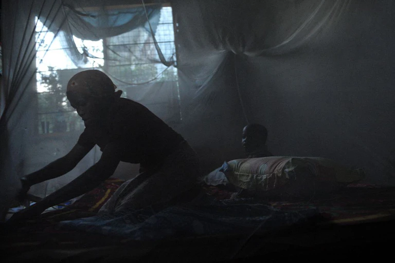 Woman and child on a bed draped with a net.