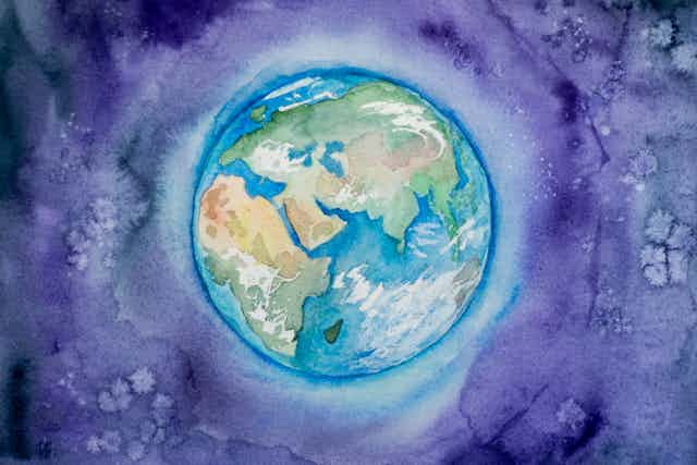 Un dessin à l'aquarelle de la planète Terre