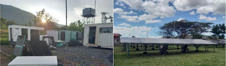 Exemples de mini-réseaux isolés au Kenya : à gauche, les groupes électrogènes du mini-réseau de Mfangano, à droite l’installation solaire du mini-réseau de Talek