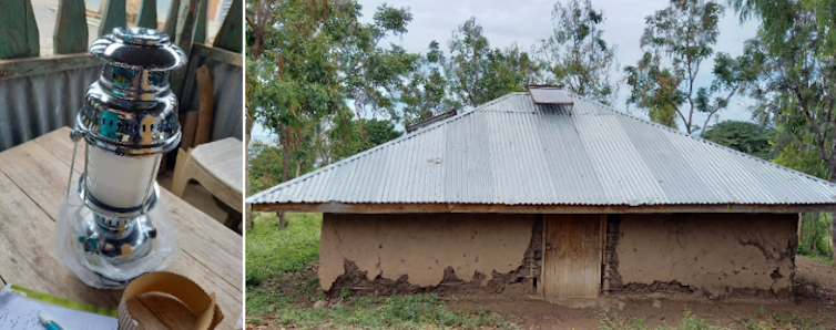 {À gauche, une lampe à kérosène utilisé par les pêcheurs de Mfangano (Kenya). A droite, des panneaux solaires sur une toiture à Kisii (Kenya)}