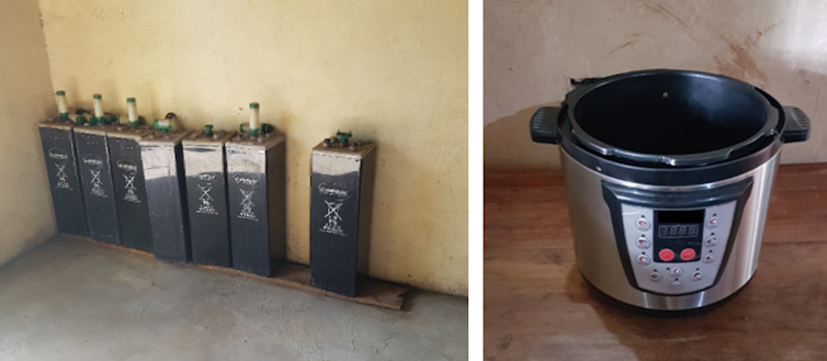 A gauche, des batteries usagées du mini-réseau de Talek (Kenya). A droite, un cuiseur électrique vendu à crédit par un opérateur de mini-réseaux à Kisii (Kenya)