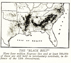 Heavy clusters of dark spots appear on a white map of southern US states.