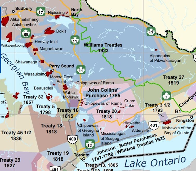 A map with varied colour zones showing a roughly pacman-shaped periwinkle area representing Williams Treaties territory surrounded by blue areas to the left and bottom.