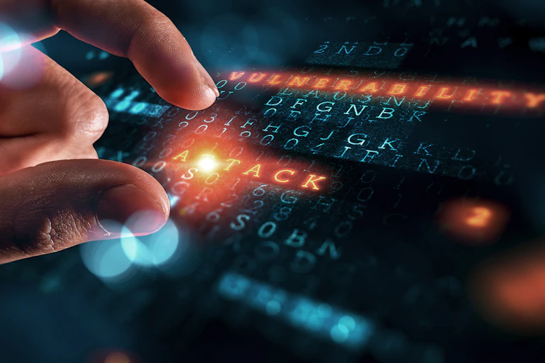 A close up of cyber screen with the words 'attack' and 'vulnerability'
