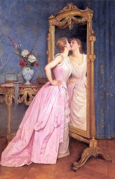 painting of a young woman kissing her reflection