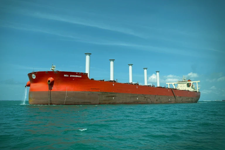 A red cargo ship with five white cylinders rising out of the deck.