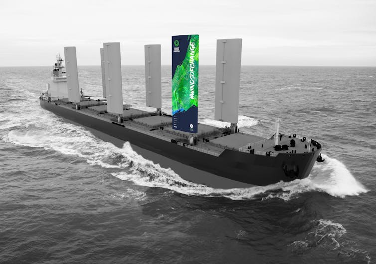 A concept image of a cargo vessel fitted with six vertical wingsails.