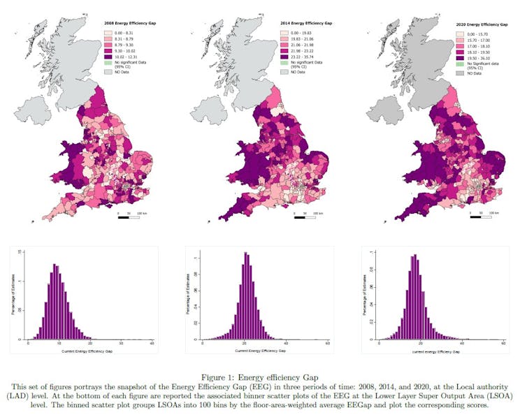 Three maps of England and Wales showing how the energy efficiency gap has grown.
